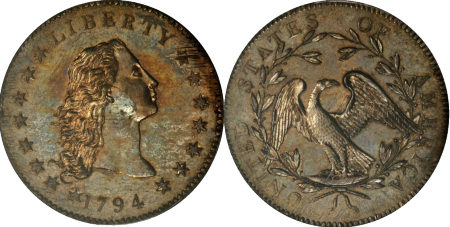 Moneta jednodolarowa Flowing Hair Liberty z 1794 roku.
